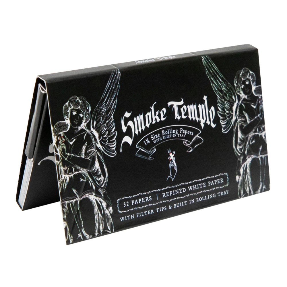 smoke temple 1 1/4 white rolling papers with filter tips and rolling tray [1 pack, 32 papers]