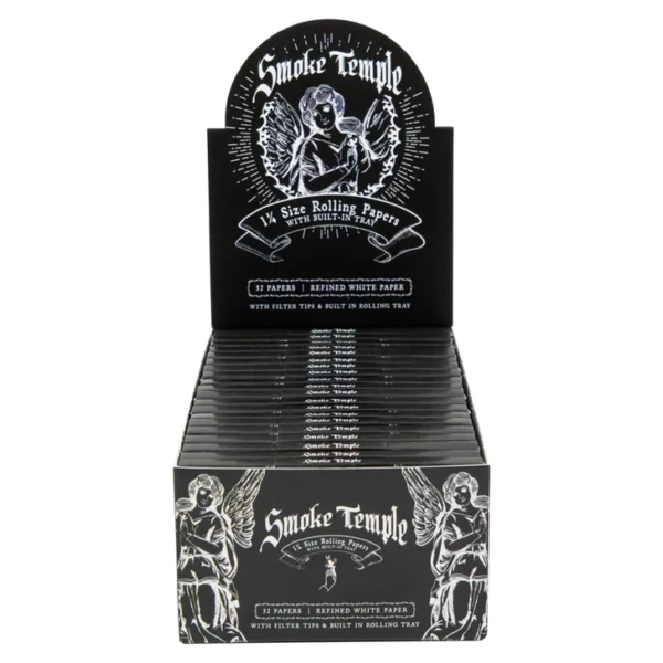 display box smoke temple 1 1/4 white rolling papers with filter tips and rolling tray [20 packs per case, 32 papers per pack]