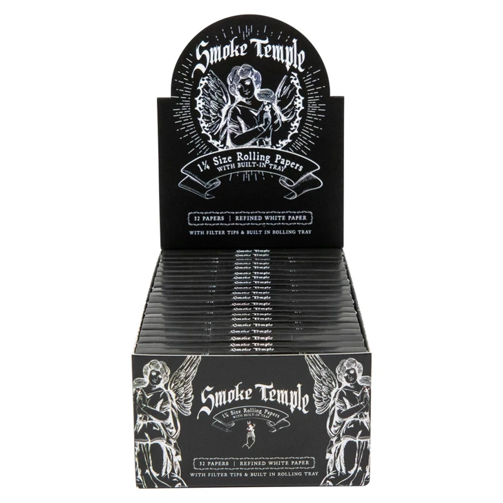 display box smoke temple 1 1/4 white rolling papers with filter tips and rolling tray [20 packs per case, 32 papers per pack]